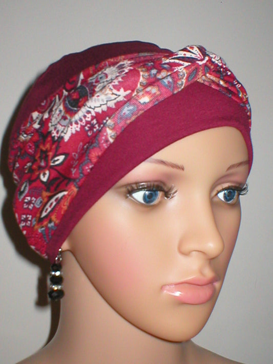 Soft breathable comfortable chemo hat and removable twist headband - Full coverage for cancer hairloss/Alopecia - Maroon paisley