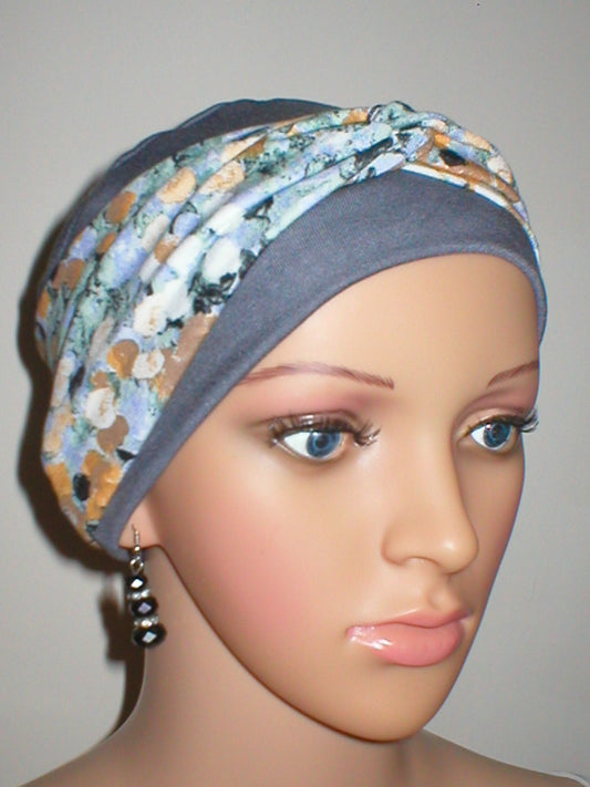 Soft chemo hat for hair loss and removable twist headband - Tina - Grey ochre berry floral