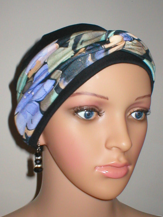 Soft breathable comfortable chemo hat and removable twist headband - Full coverage for cancer hairloss/Alopecia - Black pastel floral