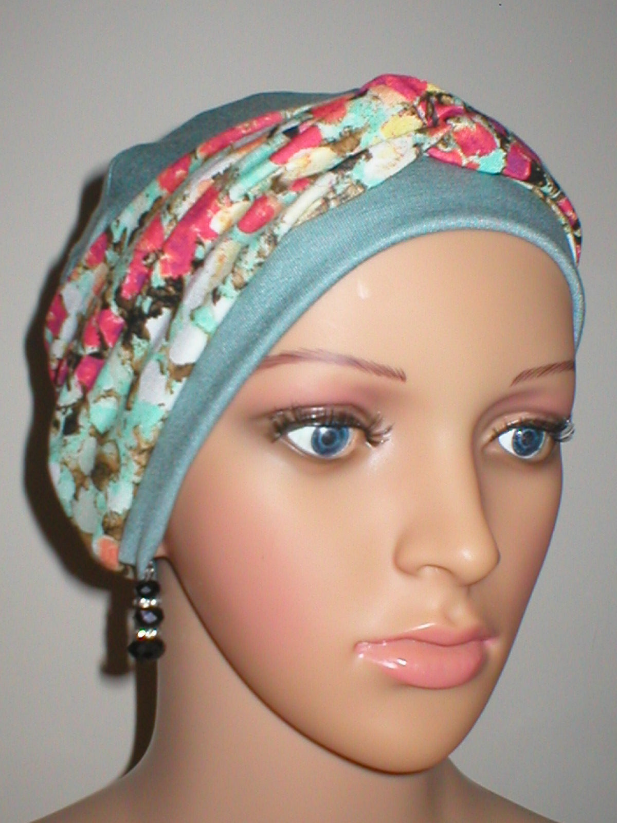 Soft breathable comfortable chemo hat and removable twist headband - Full coverage for cancer hairloss/Alopecia - Duck egg coralberry floral