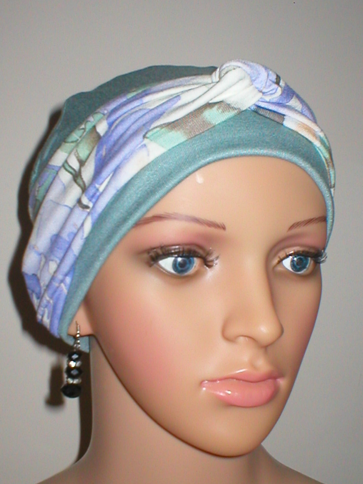 Soft breathable comfortable chemo hat and removable twist headband - Full coverage headwear for hair loss - Duck egg pastel floral