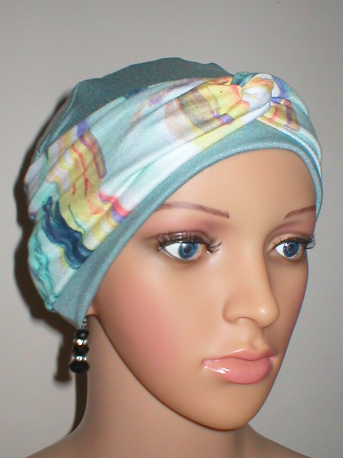 Soft breathable comfortable chemo hat and removable twist headband - Full coverage for cancer hairloss/Alopecia - Duck egg kaleidoscope