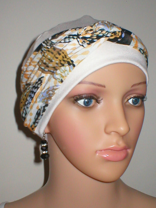 Soft breathable comfortable chemo hat and removable twist headband - Full coverage for cancer hairloss/Alopecia - Cream ochre dotty floral