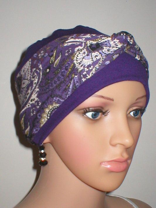 Soft breathable comfortable chemo hat and removable twist headband - Full coverage for cancer hairloss/Alopecia - Purple paisley