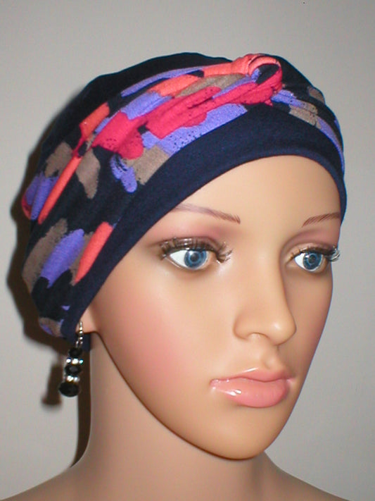 Soft breathable comfortable chemo hat and removable twist headband - Full coverage for cancer hairloss/Alopecia - Navy bright art