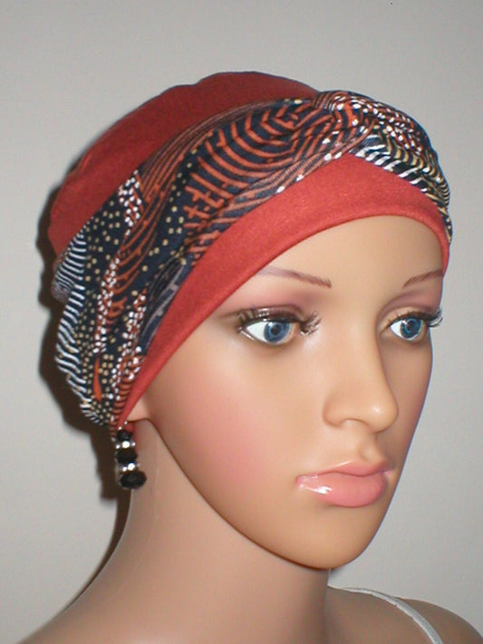 Soft breathable comfortable chemo hat and removable twist headband - Full coverage for cancer hairloss/Alopecia - Tina copper dotty leaves