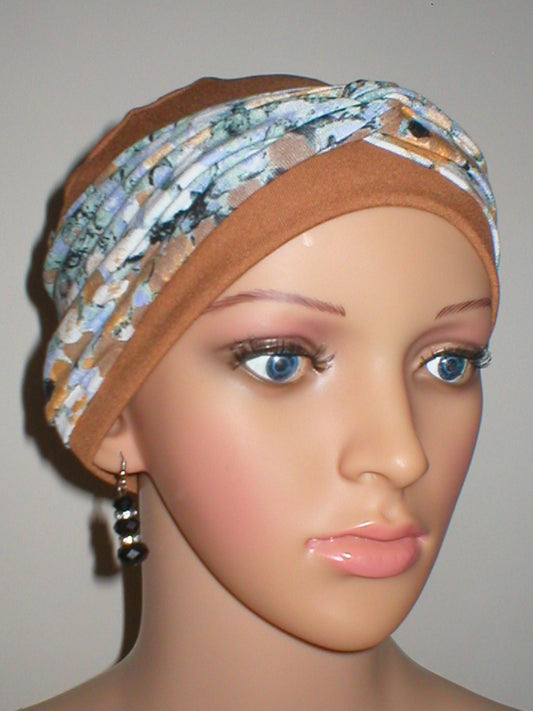 Soft breathable comfortable chemo hat and removable twist headband - Full coverage headwear for cancer hairloss - Ochre/grey berry floral