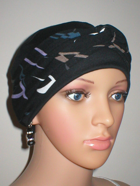 Soft breathable comfortable chemo hat and removable twist headband - Full coverage for cancer hairloss/Alopecia - Tina black art