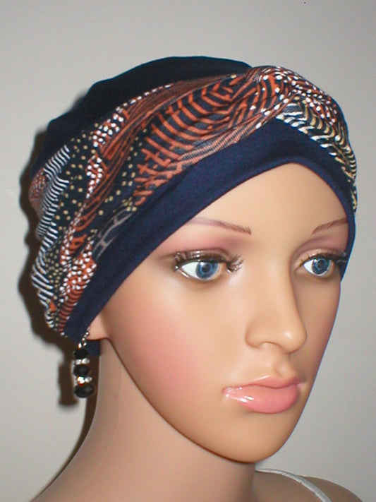 Soft breathable comfortable chemo hat and removable twist headband - Full coverage for cancer hairloss/Alopecia - Navy copper dotty leaves