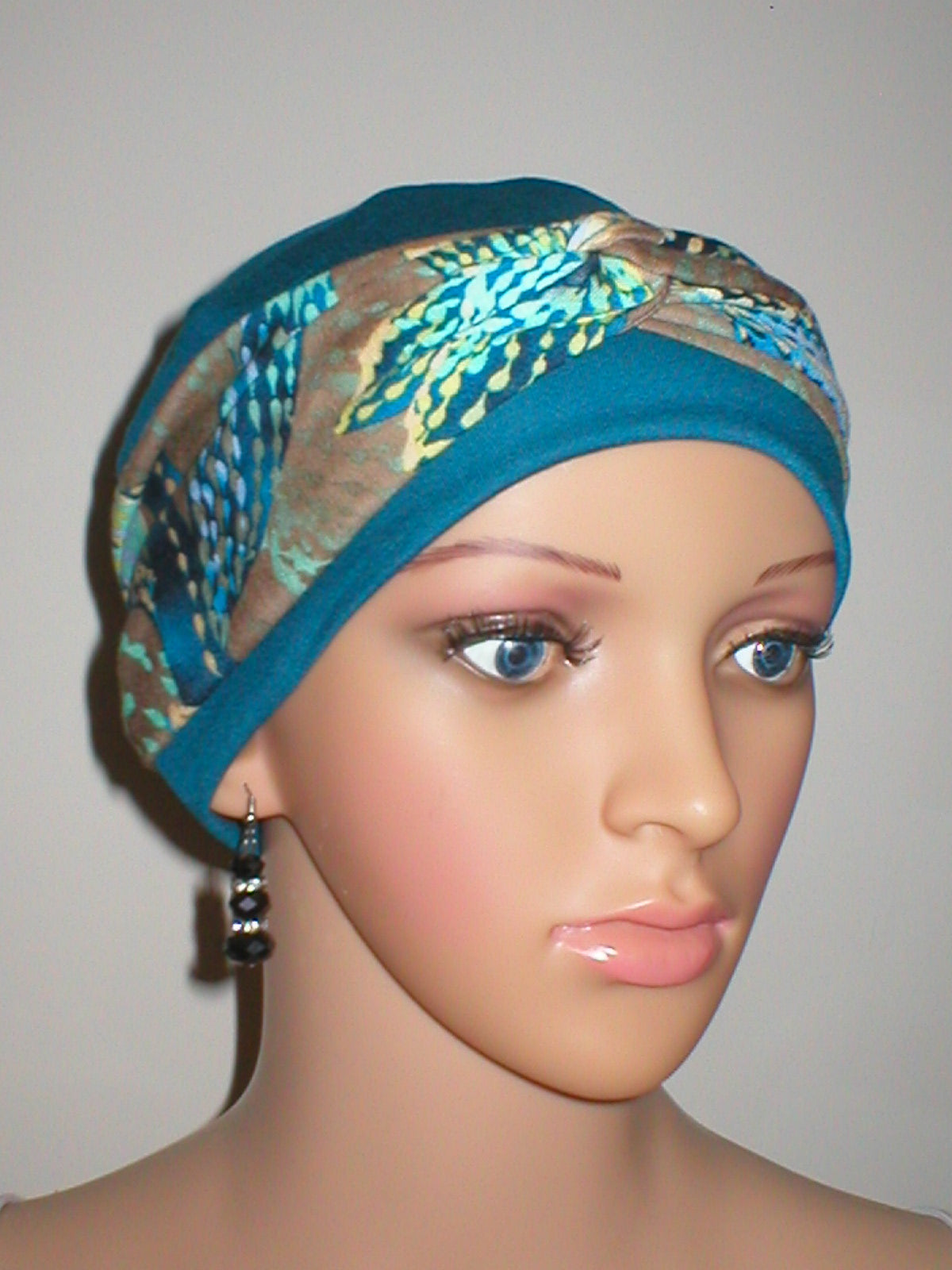 Soft chemo hat for hair loss and removable twist headband - Tina - Teal dotty floral