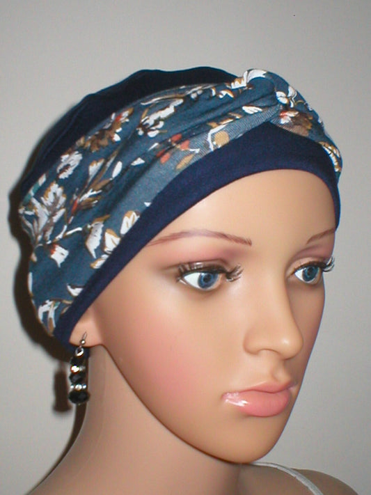 Soft chemo hat for hair loss and removable twist headband - Tina - Navy petrol regency