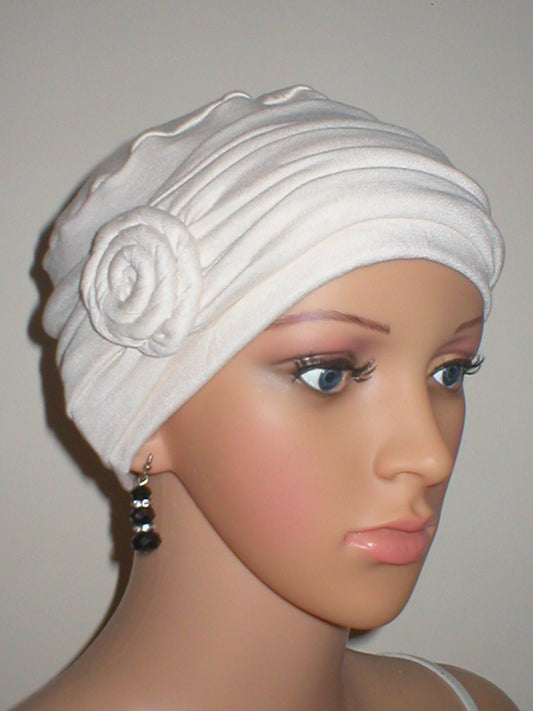 Soft breathable comfortable chemo hat and removable rose headband - Full coverage cancer headwear for hair loss  - Rosie cream