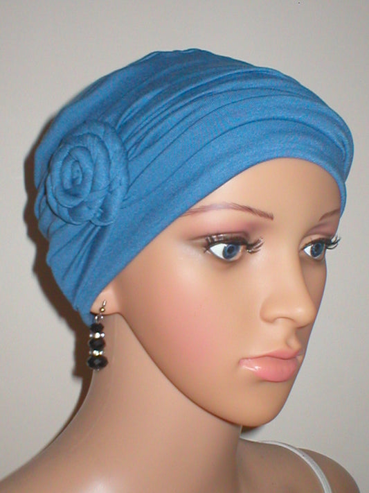 Soft breathable comfortable chemo hat and removable twist headband - Full coverage chemo headwear for cancer hairloss or Alopecia - Rosie denim