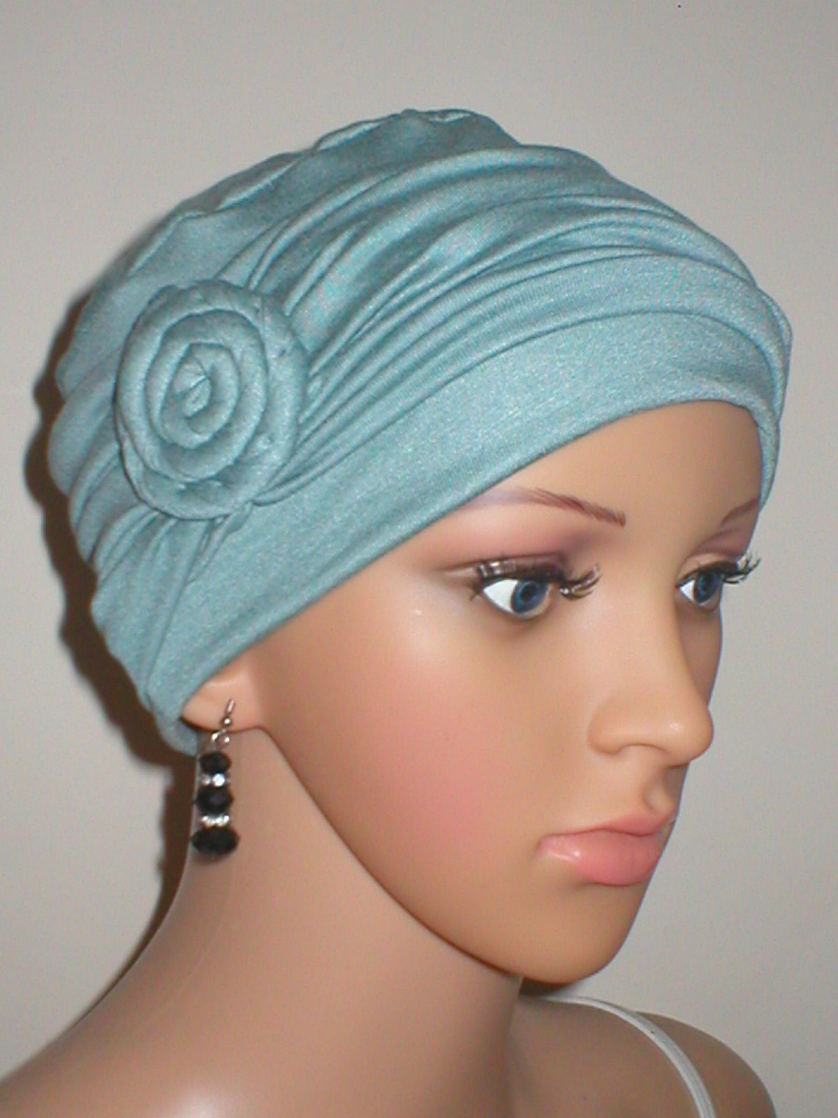 Soft breathable comfortable chemo hat and removable twist headband - Full coverage chemo headwear for cancer hairloss or Alopecia - Rosie duck egg