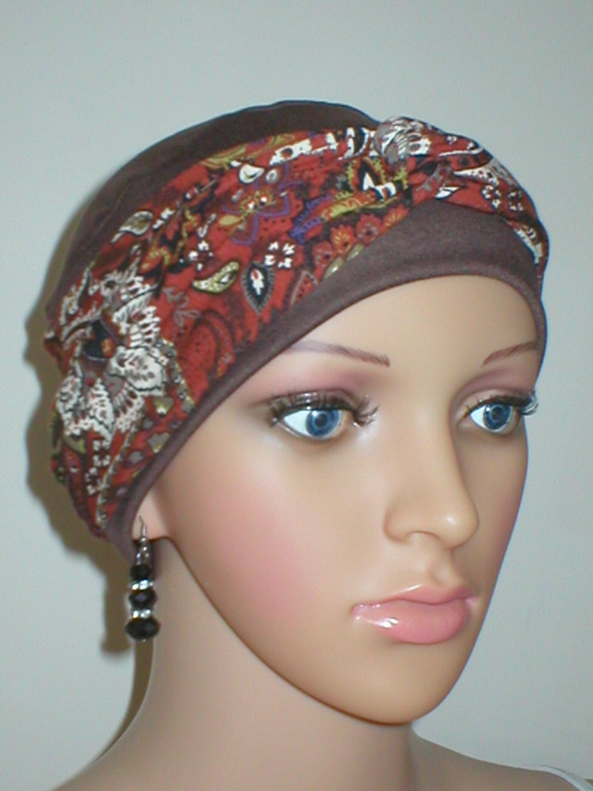 Soft breathable comfortable chemo hat and removable twist headband - Full coverage for cancer hairloss or Alopecia - Tina Brown copper paisley