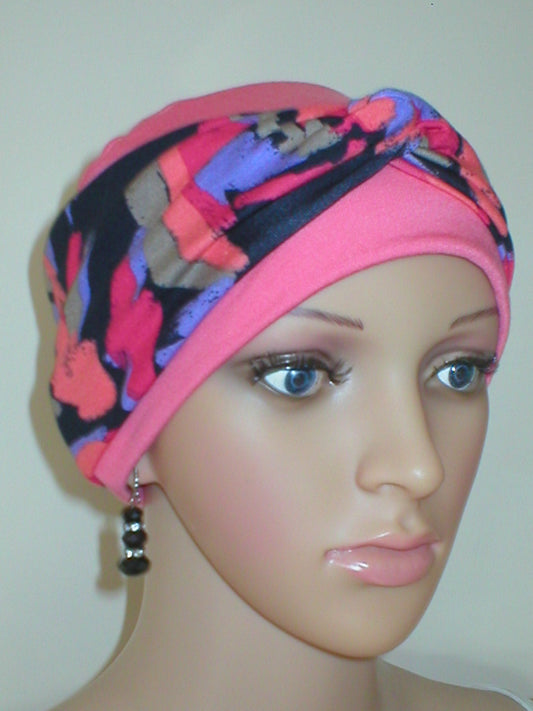 Soft breathable comfortable chemo hat and removable twist headband - Full coverage for cancer hairloss or Alopecia - Tina Coral bright art