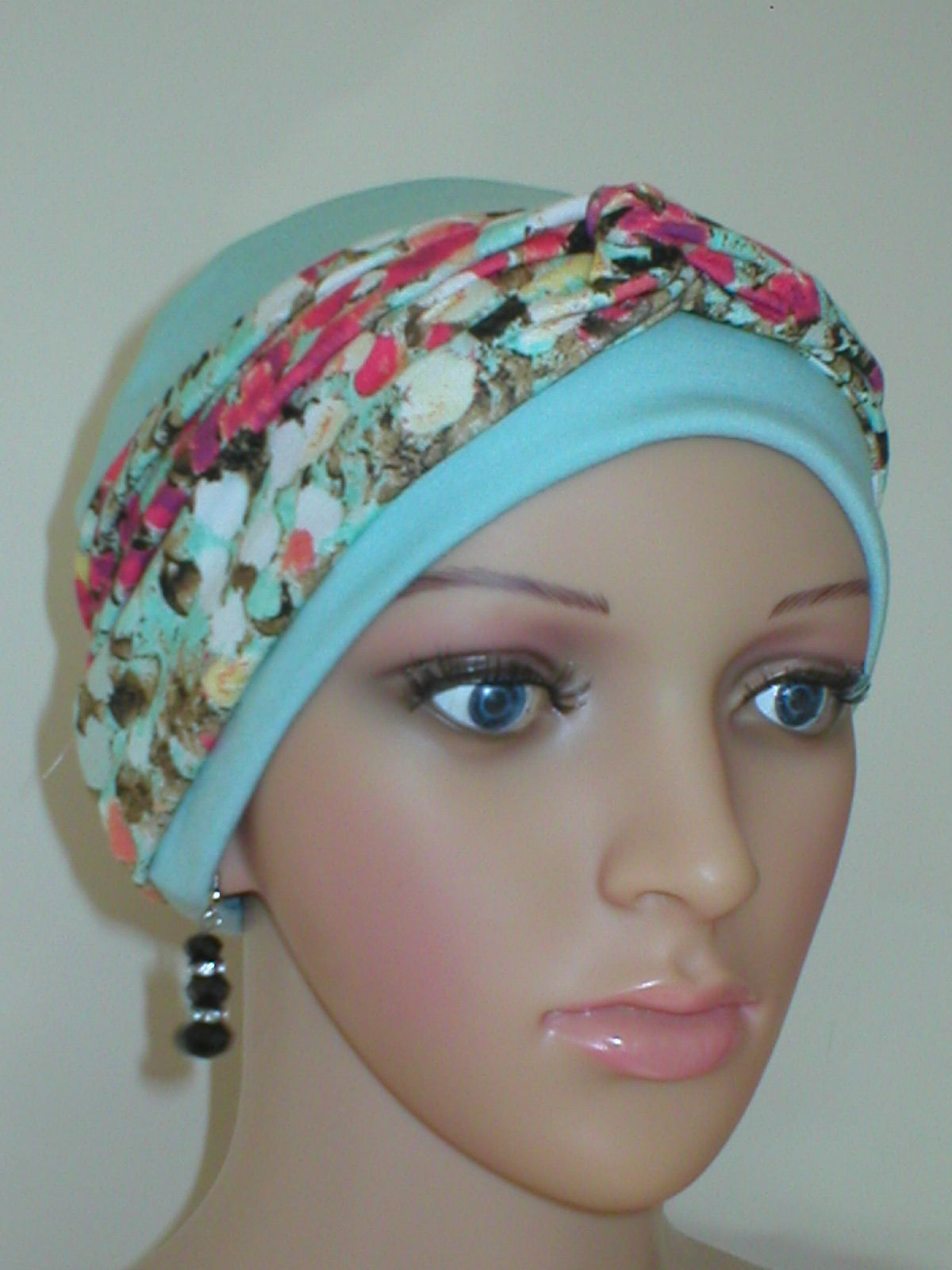 Soft breathable comfortable chemo hat and removable twist headband - Full coverage for cancer hairloss or Alopecia - Tina Mint coral berry