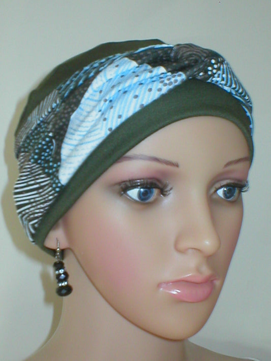 Soft breathable comfortable chemo hat and removable twist headband - Full coverage for cancer hairloss or Alopecia - Tina Khaki dotty leaves