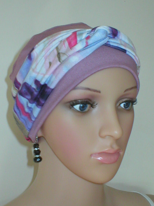 Soft breathable comfortable chemo hat and removable twist headband - Full coverage for cancer hairloss or Alopecia - Tina rose kaleidoscope