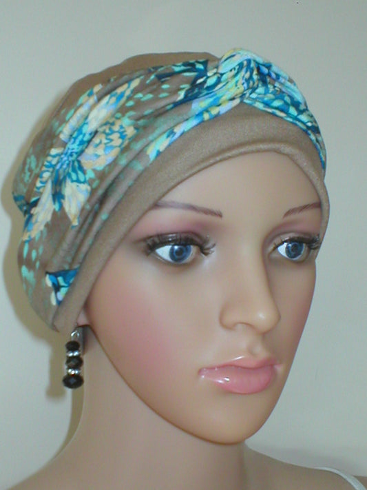 Soft breathable comfortable chemo hat and removable twist headband - Full coverage for cancer hairloss or Alopecia - Tina Tan teal dotty floral