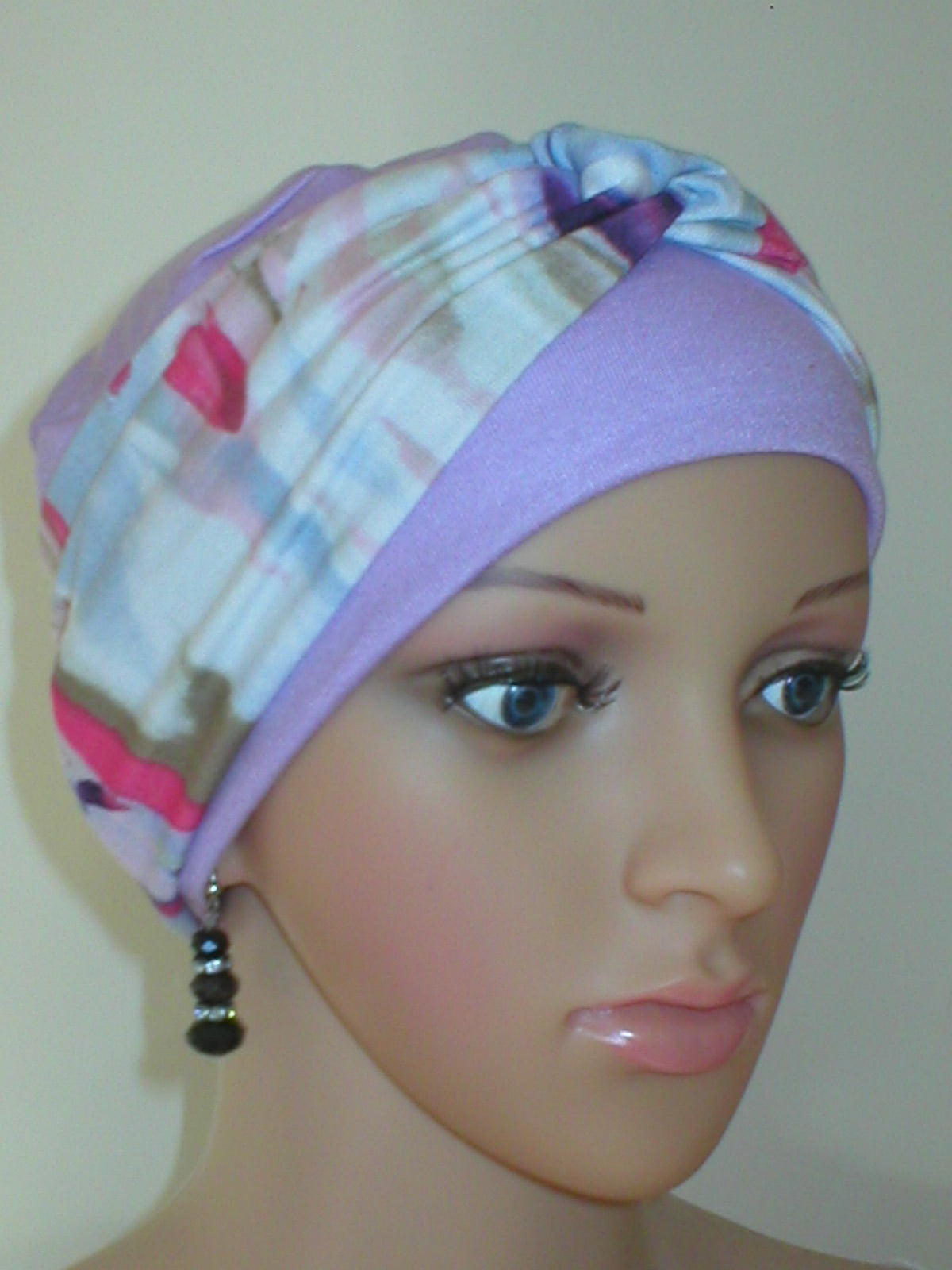 Soft breathable comfortable chemo hat and removable twist headband - Full coverage for cancer hairloss or Alopecia - Tina Lilac kaleidoscope