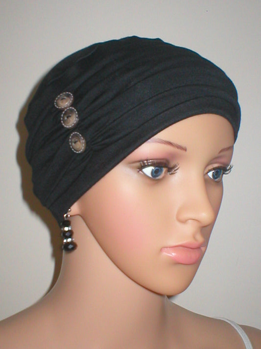 soft breathable comfortable chemo hat and removable twist headband - Full coverage chemo headwear for cancer hairloss or Alopecia - Billie black