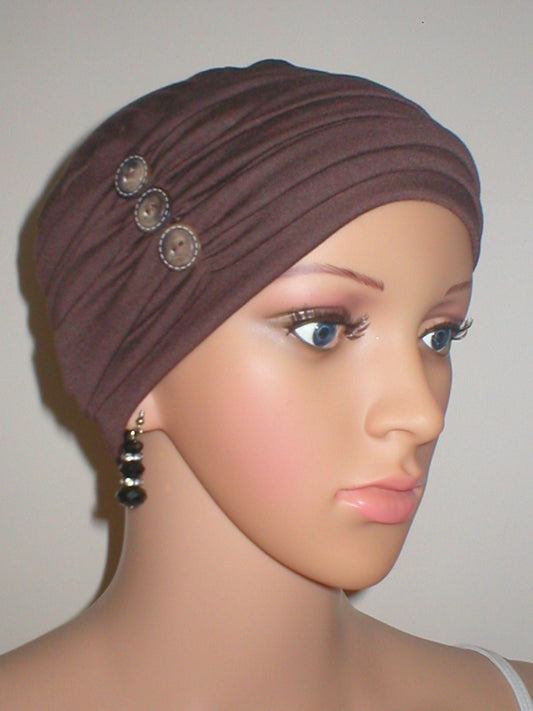 soft breathable comfortable chemo hat and removable twist headband - Full coverage chemo headwear for cancer hairloss or Alopecia - Billie brown