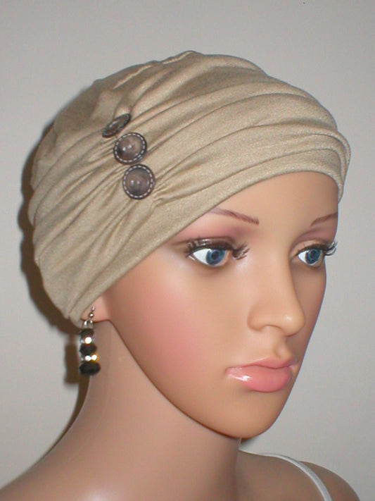 soft breathable comfortable chemo hat and removable twist headband - Full coverage chemo headwear for cancer hairloss or Alopecia - Billie caramel