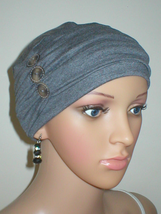 soft breathable comfortable chemo hat and removable twist headband - Full coverage chemo headwear for cancer hairloss or Alopecia - Billie dark grey marl