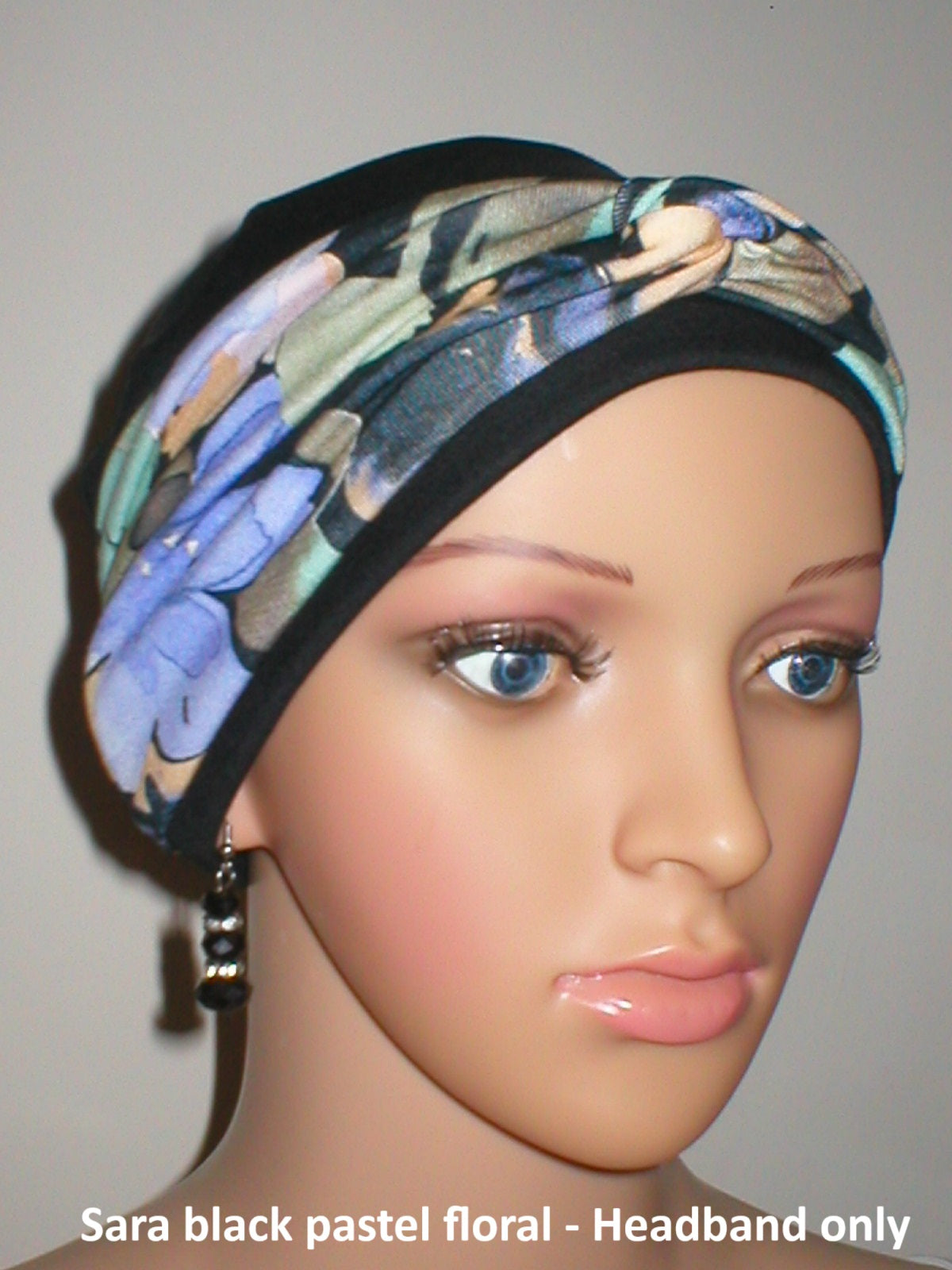 Soft twist jersey patterned stretchy chemo headbands - Sara black pastel floral