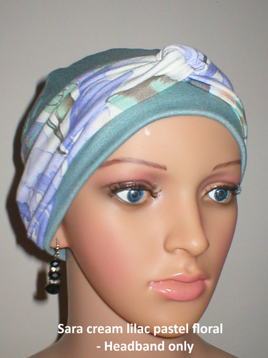 Soft twist jersey patterned stretchy chemo headbands - Sara cream pastel floral