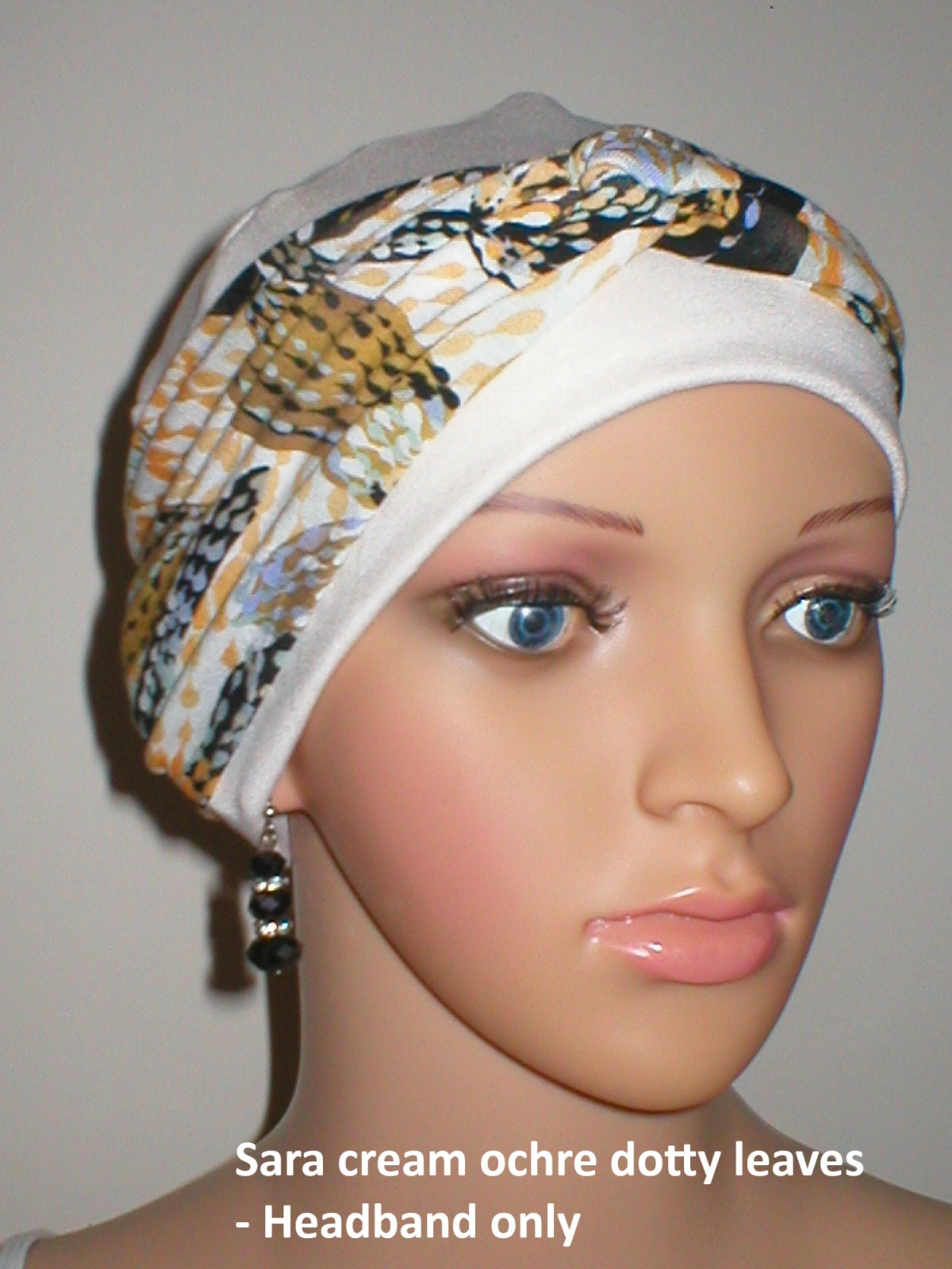 Soft twist jersey patterned stretchy chemo headbands - Sara cream ochre dotty leaves