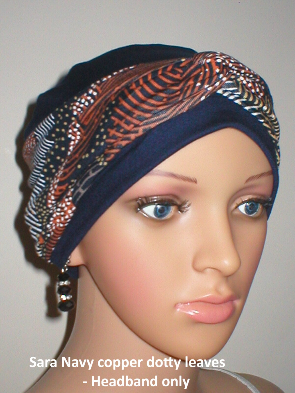 Soft twist jersey patterned stretchy chemo headbands - Sara Navy copper dotty leaves