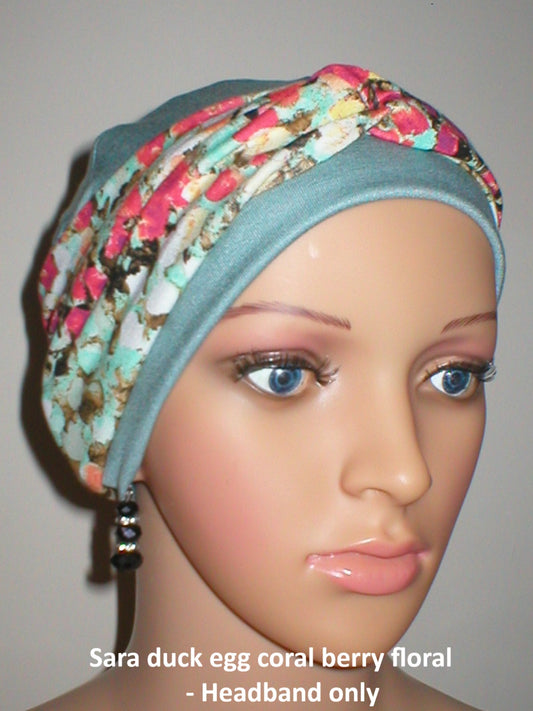 Soft twist jersey patterned stretchy chemo headbands - Sara duck egg coral berry floral