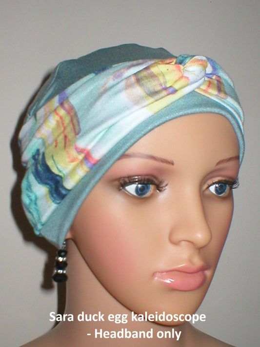 Soft twist jersey patterned stretchy chemo headbands - Sara duck egg kaleidoscope