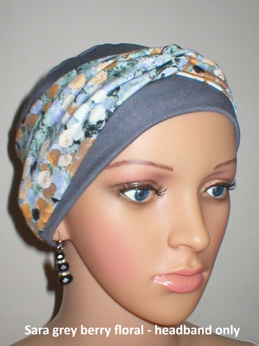 Soft twist jersey patterned stretchy chemo headbands - Sara grey ochre floral berry