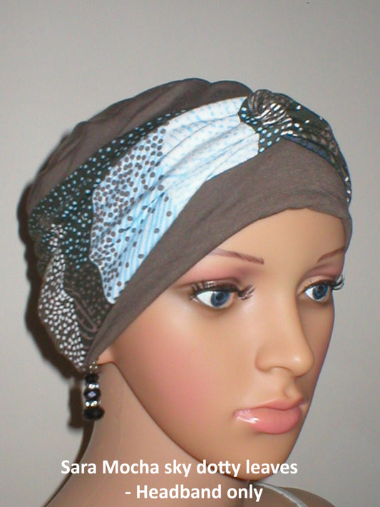 Soft twist jersey patterned stretchy chemo headbands - Sara mocha sky dotty leaves