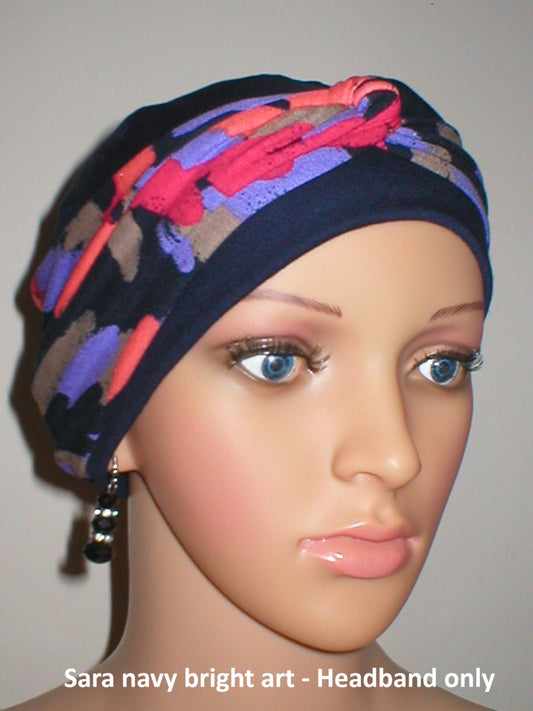 Soft twist jersey patterned stretchy chemo headbands - Sara Navy coral art