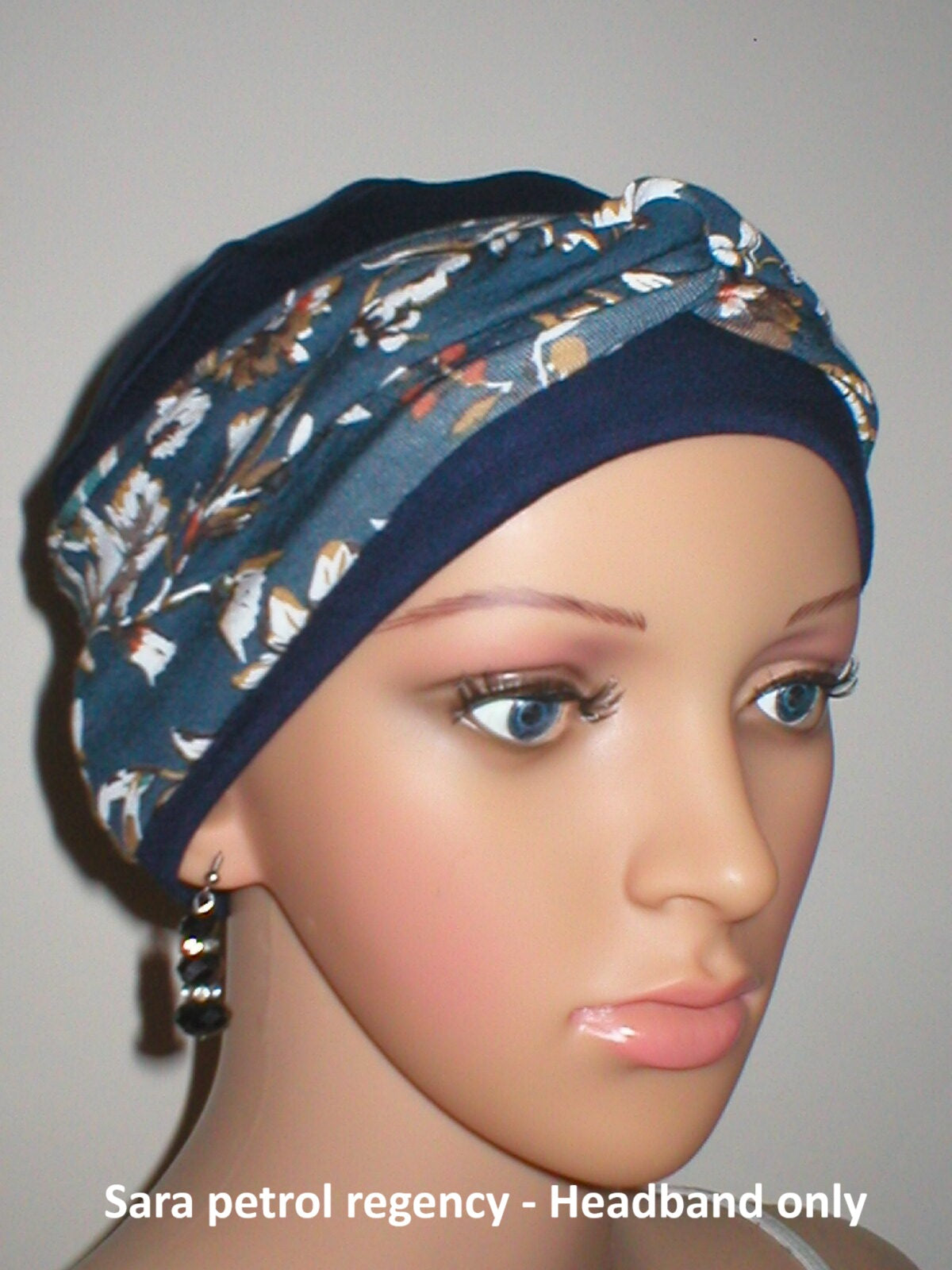 Soft twist jersey patterned stretchy chemo headbands - Sara petrol regency