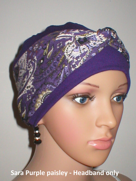 Soft twist jersey patterned stretchy chemo headbands - Sara purple paisley