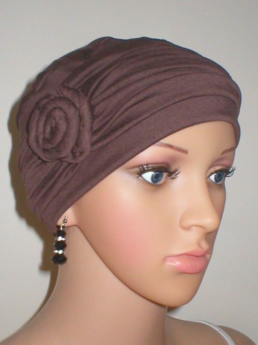 Soft breathable comfortable chemo hat and removable rose headband - Full coverage cancer headwear for hair loss  - Rosie brown