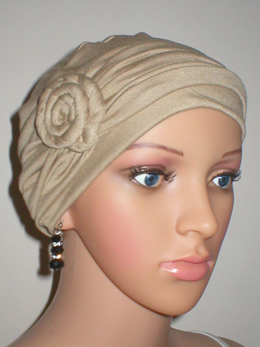 Soft breathable comfortable chemo hat and removable twist headband - Full coverage chemo headwear for cancer hairloss or Alopecia - Rosie caramel