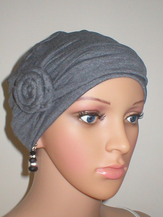 Soft breathable comfortable chemo hat and removable rose headband - Full coverage cancer headwear for hair loss  - Rosie dark grey marl