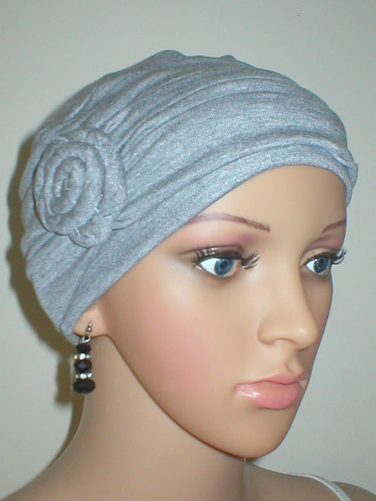 Soft breathable comfortable chemo hat and removable twist headband - Full coverage chemo headwear for cancer hairloss or Alopecia - Rosie light grey marl