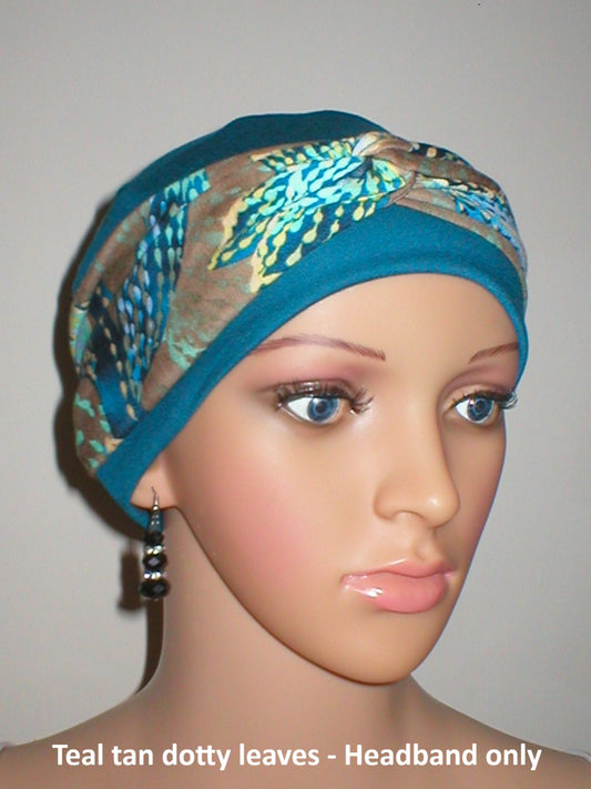 Soft twist jersey patterned stretchy chemo headbands - Sara tan teal dotty leaves