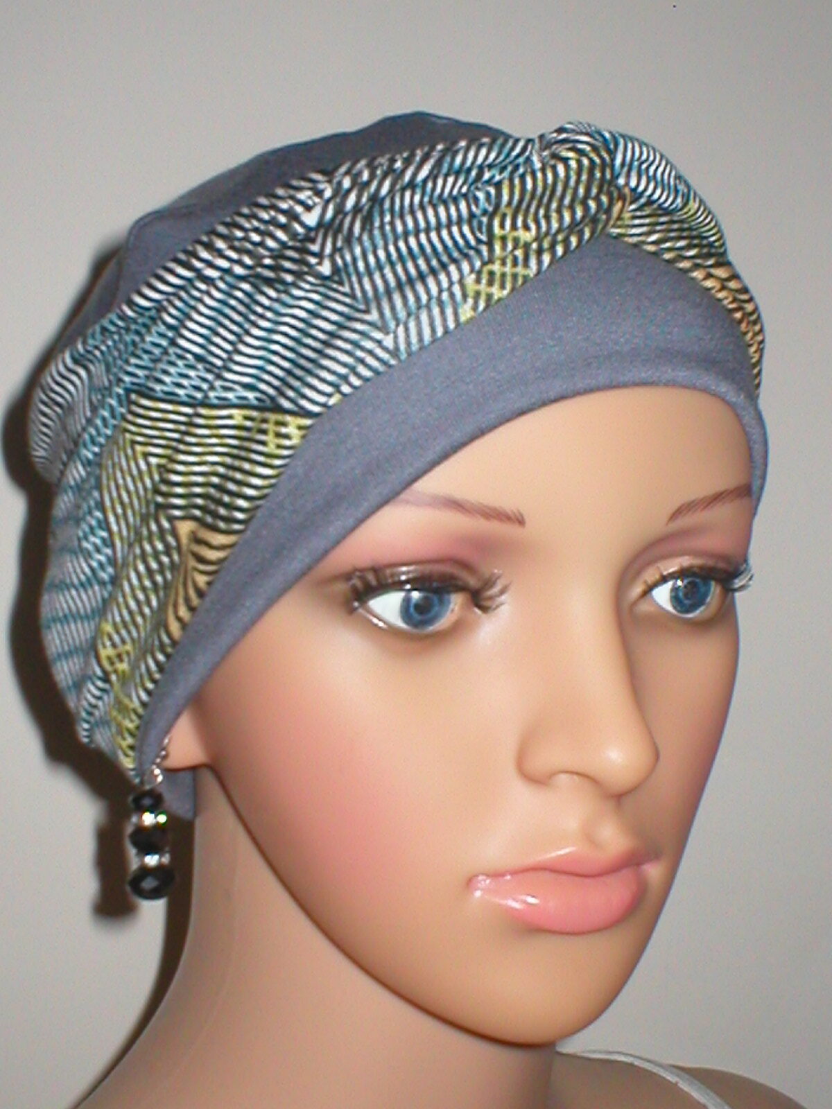 Soft breathable comfortable chemo hat and removable twist headband - Full coverage for cancer hairloss/Alopecia - Grey zig zag