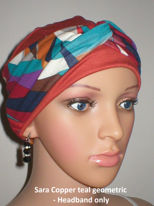 Soft twist jersey patterned stretchy chemo headbands - Sara Copper teal geometric