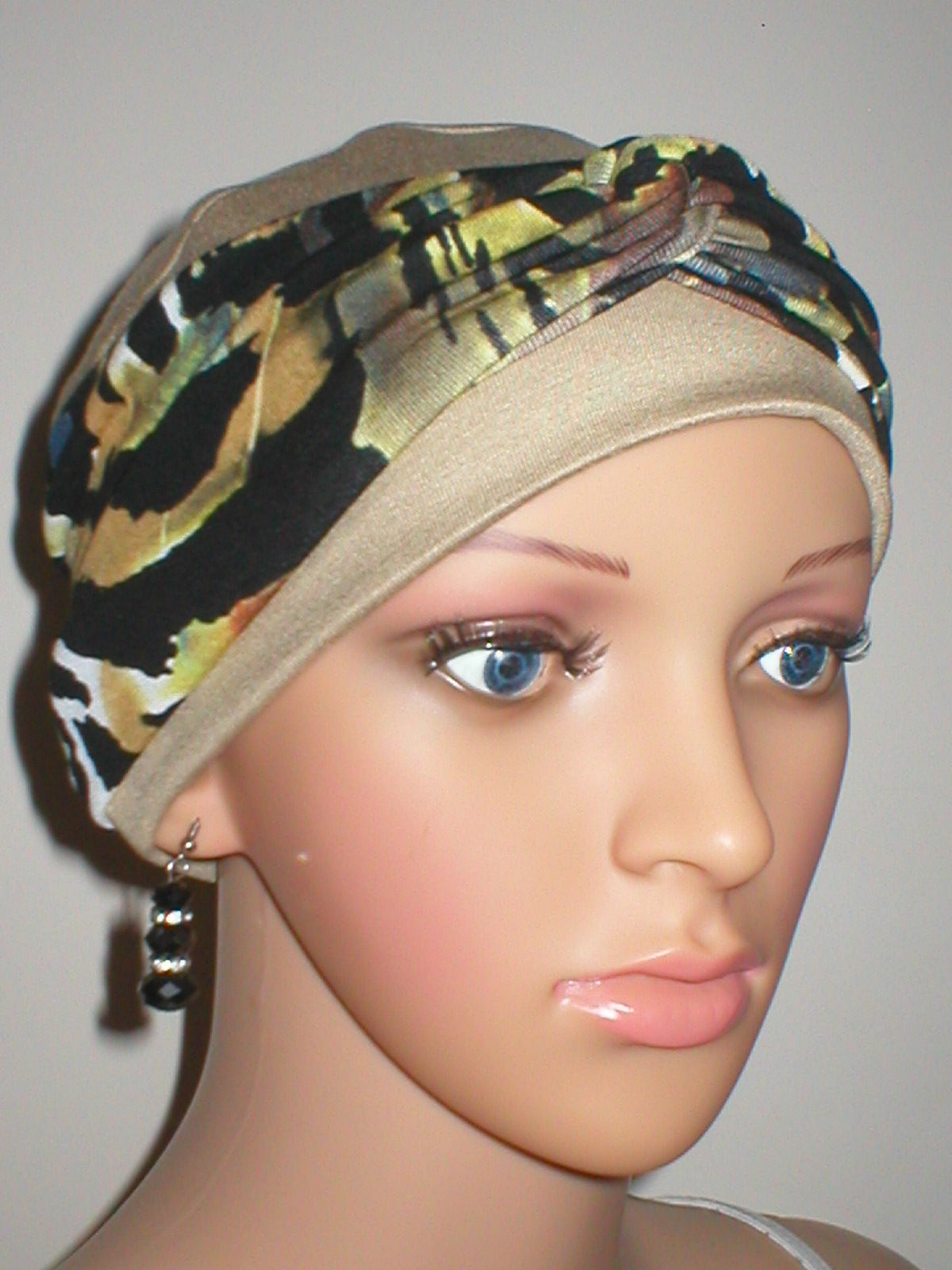 Soft breathable comfortable chemo hat and removable twist headband - Full coverage for cancer hairloss/Alopecia - Caramel gold jungle