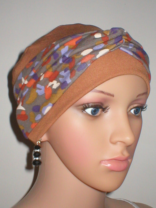 Soft breathable comfortable chemo hat and removable twist headband - Full coverage for cancer hairloss/Alopecia - Tina sahara autumn palette