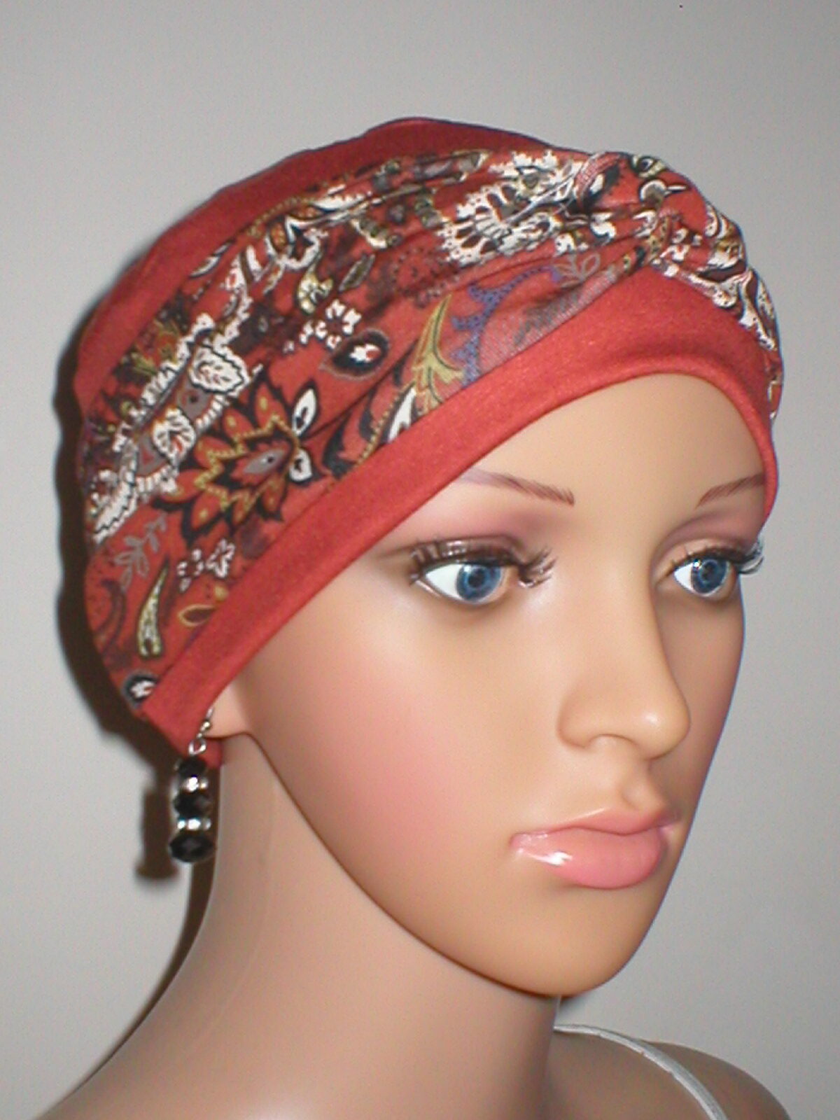 Soft breathable comfortable chemo hat and removable twist headband - Full coverage for cancer hairloss or Alopecia - Tina Copper paisley